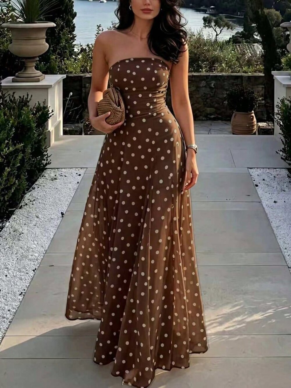 Brown Casual Women's Striped Waist-Cinched Slimming Polka Dot Bandeau Dress